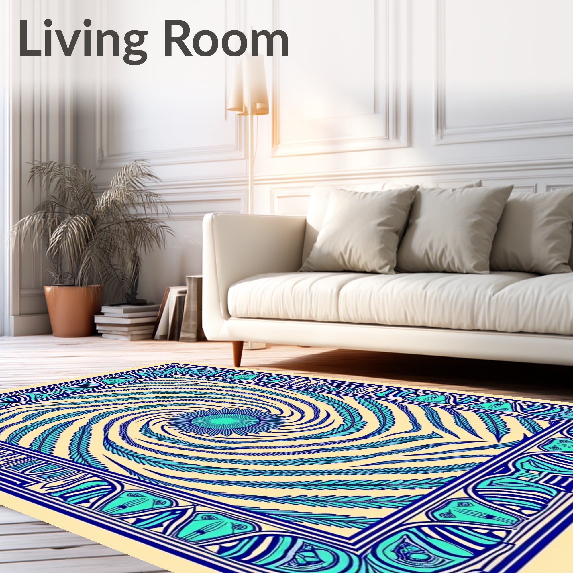 Blue Swirl Feather Geometric Frame Rug