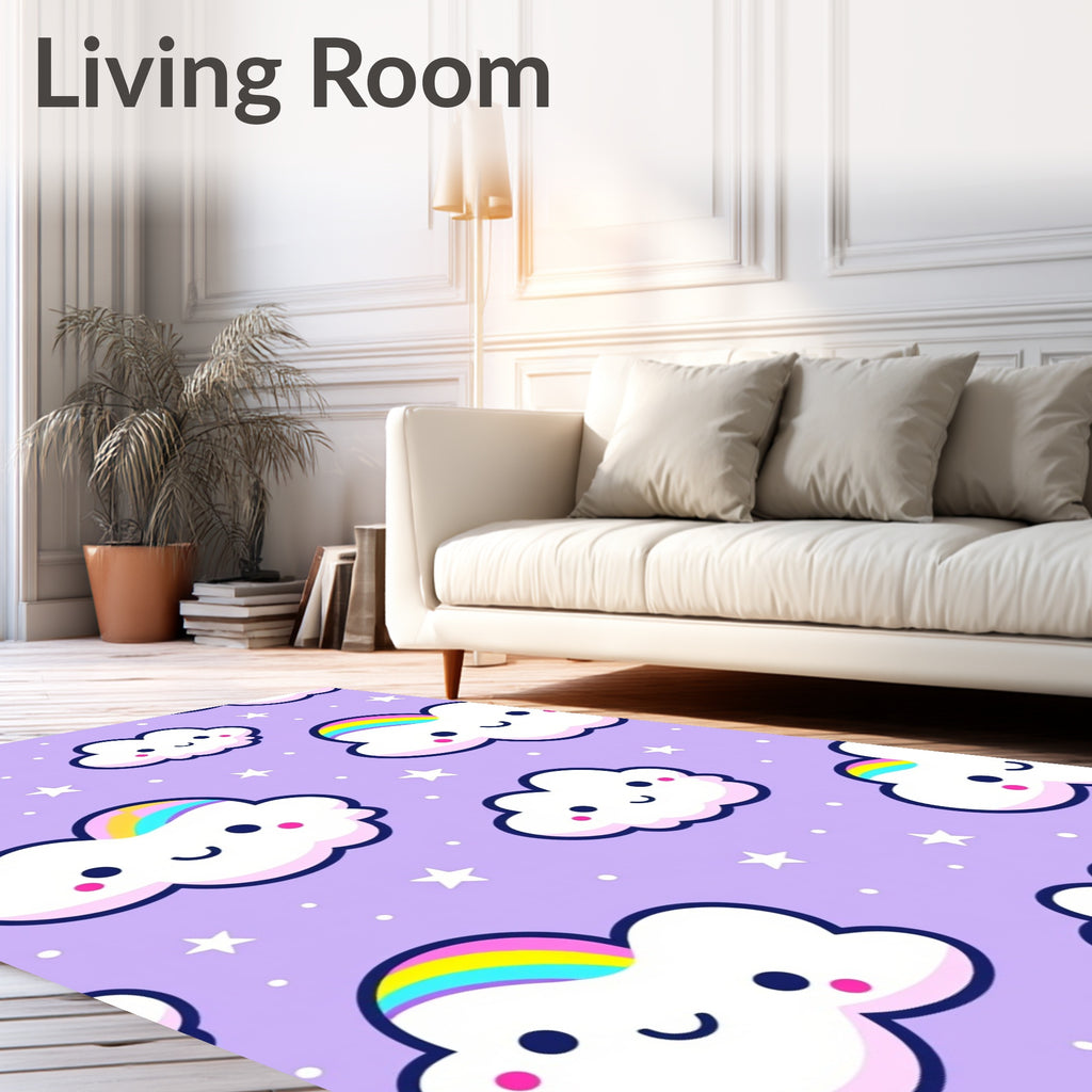 Happy Rainbow Clouds Purple Stars Rug