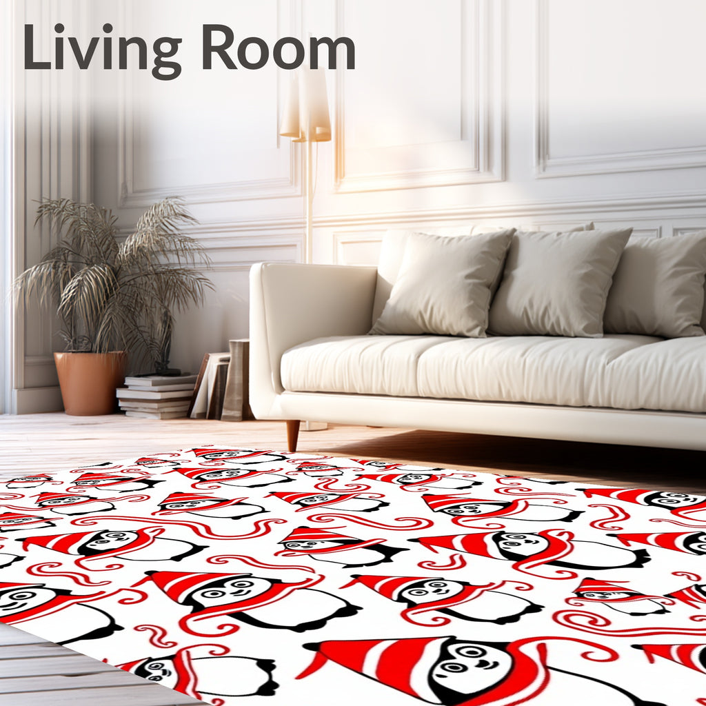 Festive Red Penguin Winter Scene Rug
