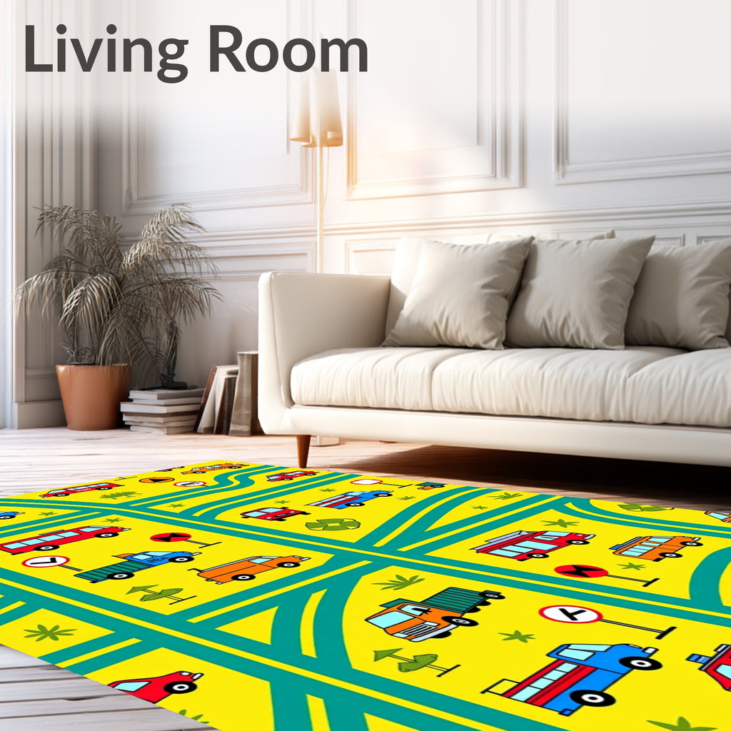 Bright Yellow Cartoon Vehicle Road Map Rug