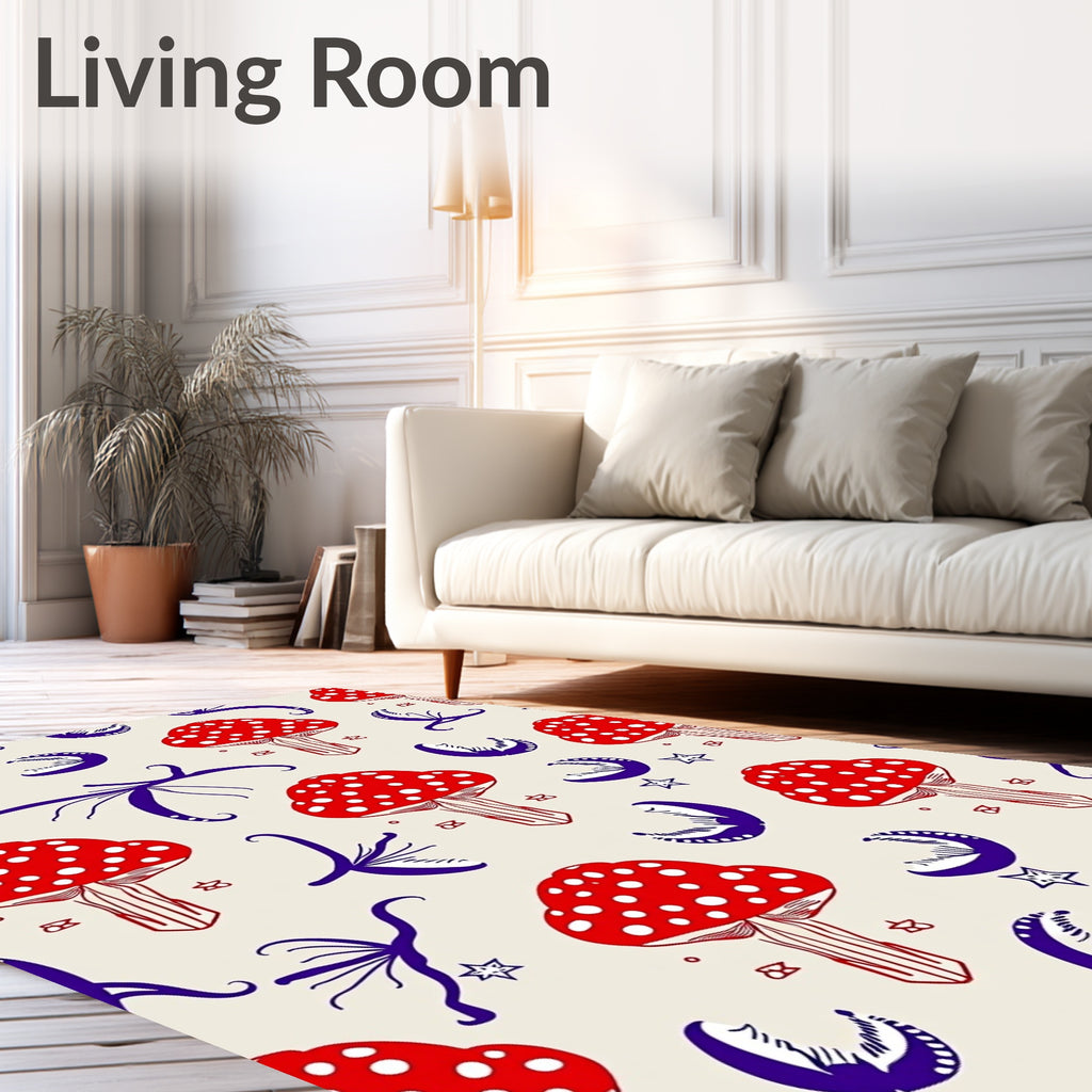Red Mushroom Moon Stars Whimsical Rug