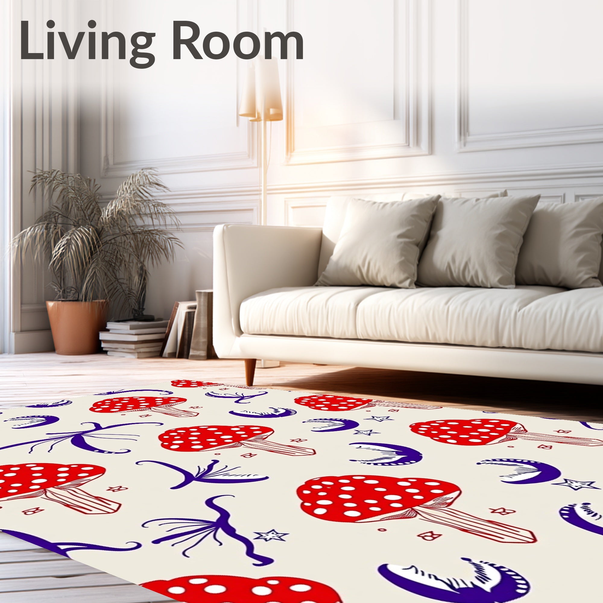 Red Mushroom Moon Stars Whimsical Rug