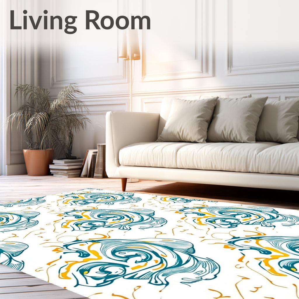 Teal and Gold Swirling Abstract Waves Rug