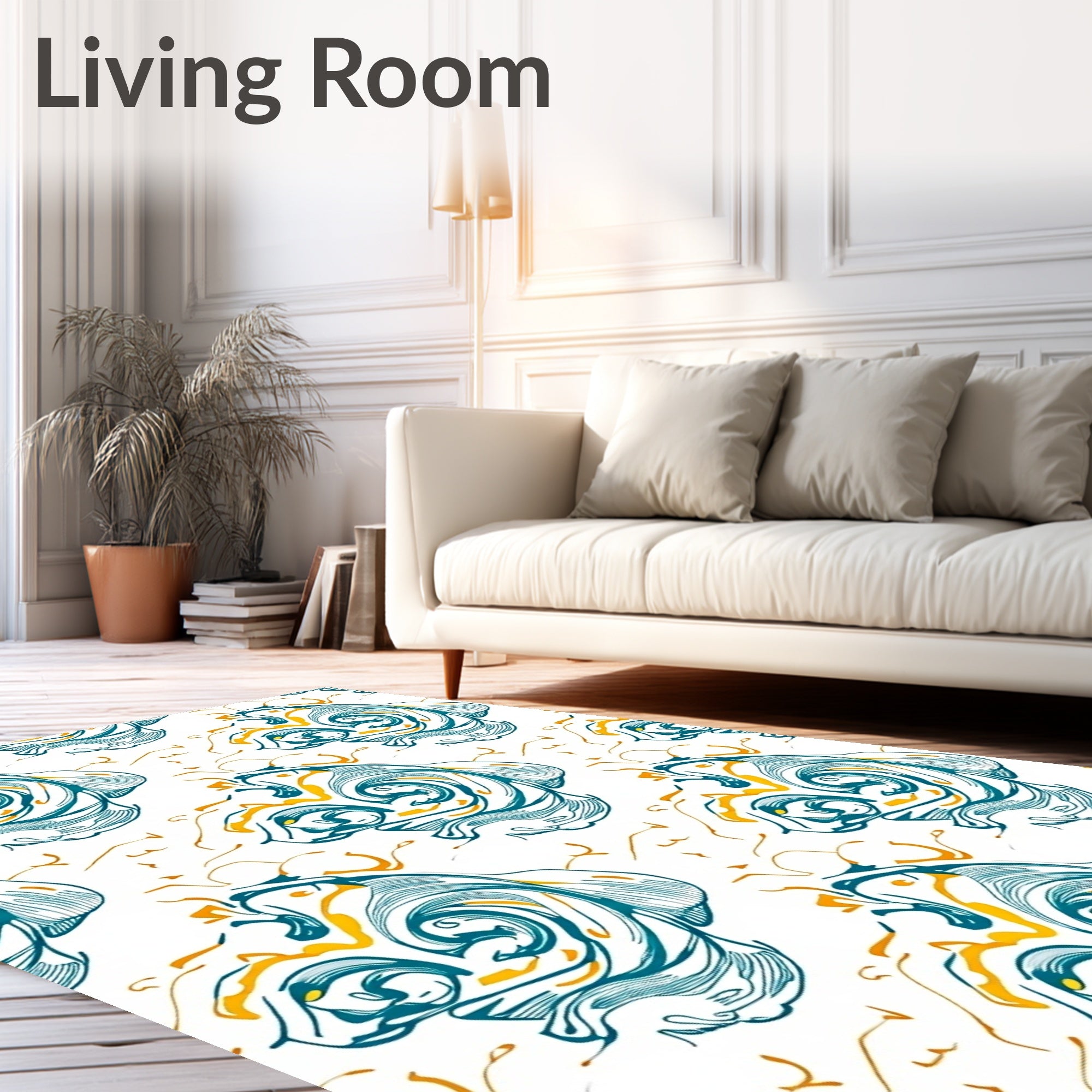 Teal and Gold Swirling Abstract Waves Rug