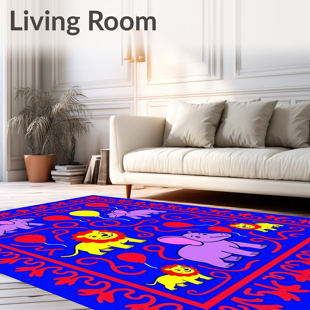Fun Purple Elephants Yellow Lions Balloons Rug