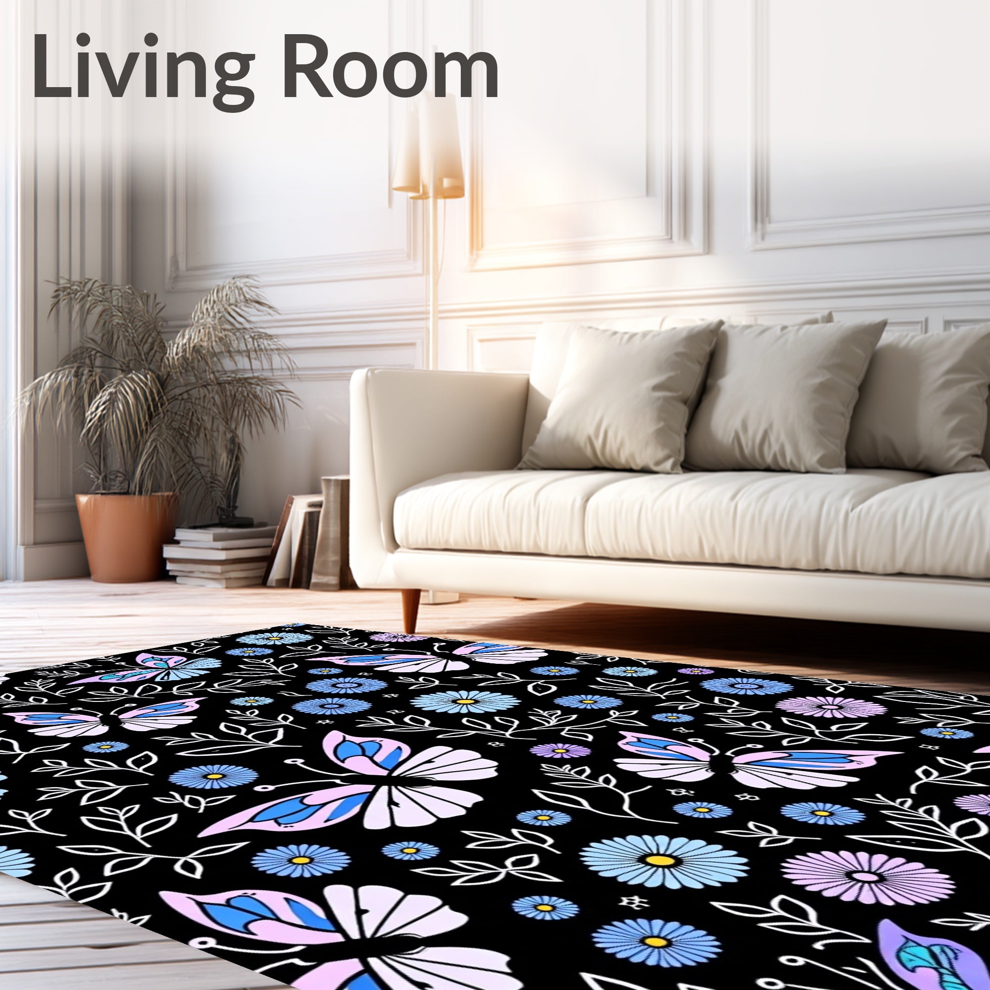 Pastel Butterfly Garden Floral Black Background Rug