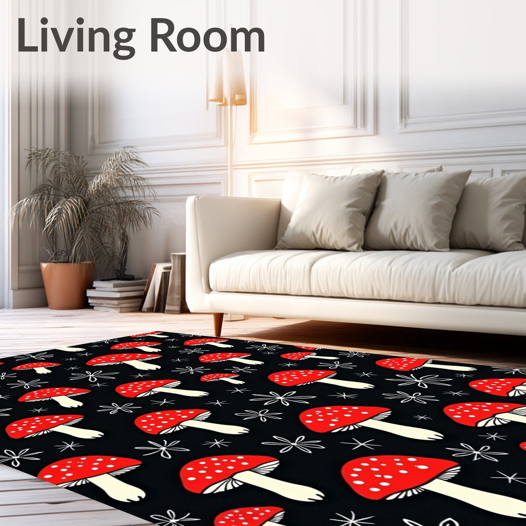 Whimsical Red Mushroom Black Background Rug