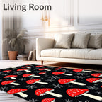 Whimsical Red Mushroom Black Background Rug
