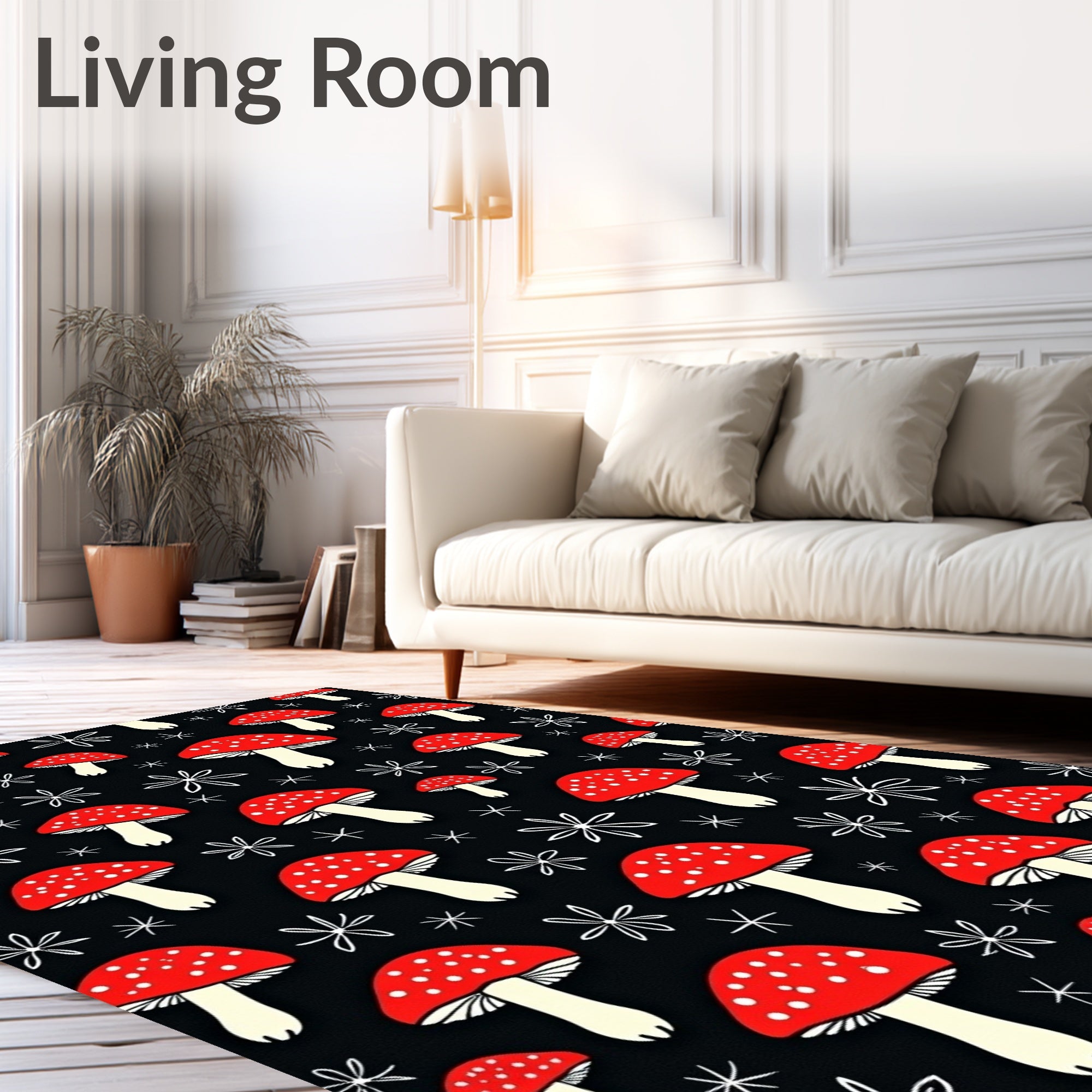 Whimsical Red Mushroom Black Background Rug