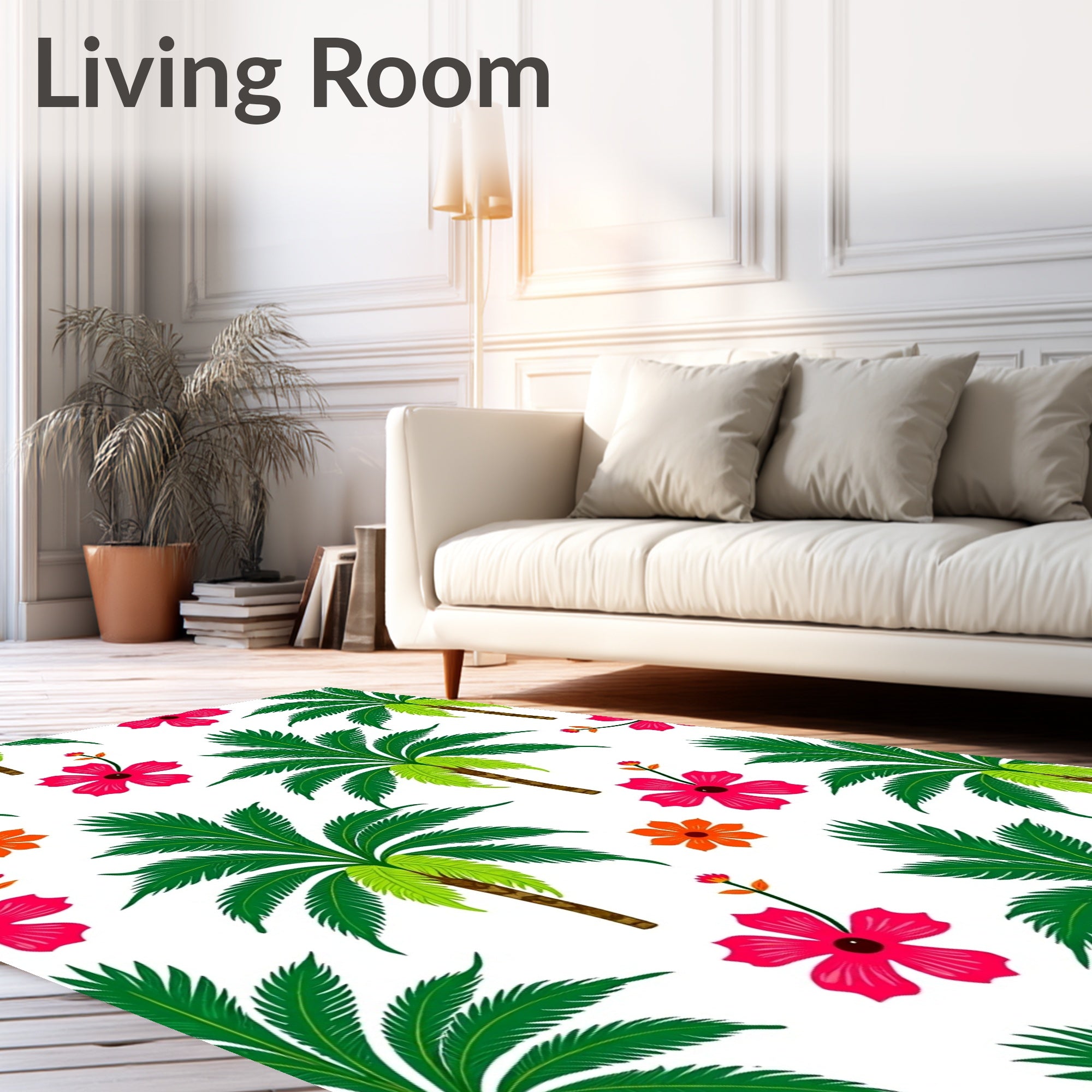 Vibrant Pink Hibiscus Green Palm Trees Rug