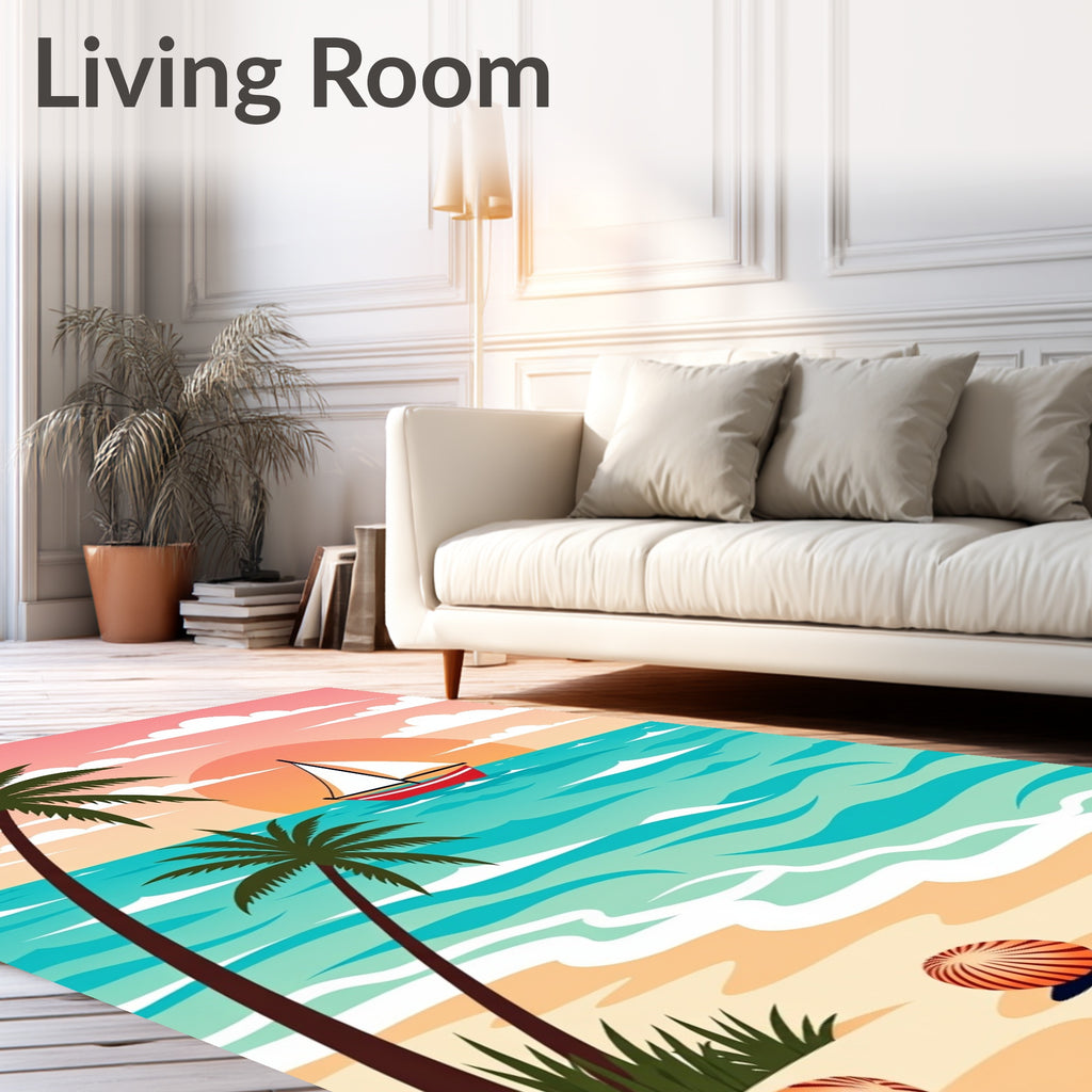 Coastal Sunset Sailboat Palm Trees Rug