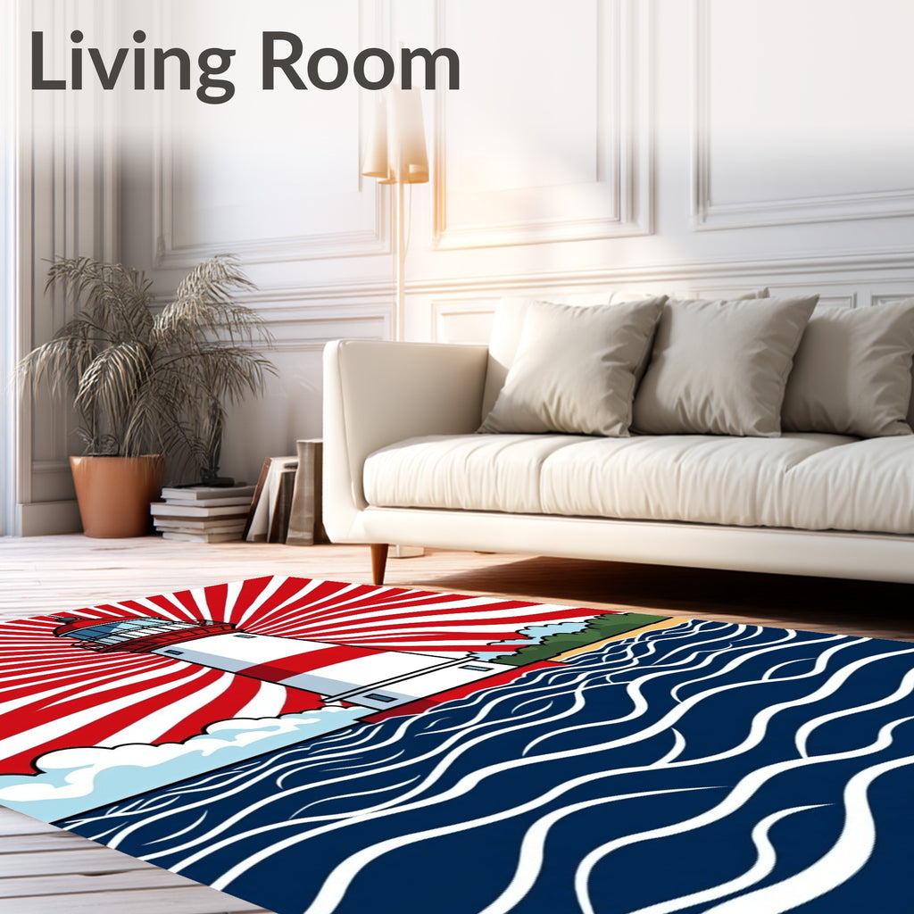Coastal Lighthouse Red Sunburst Waves Rug