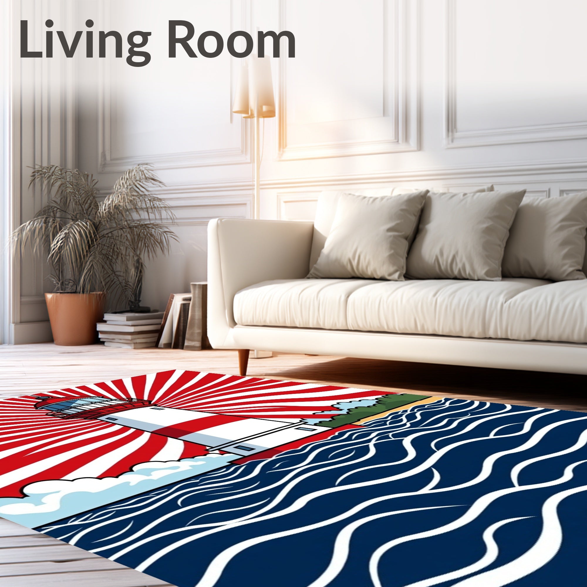Coastal Lighthouse Red Sunburst Waves Rug