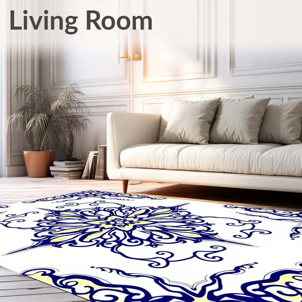 Elegant Navy Yellow Scrollwork Medallion Rug