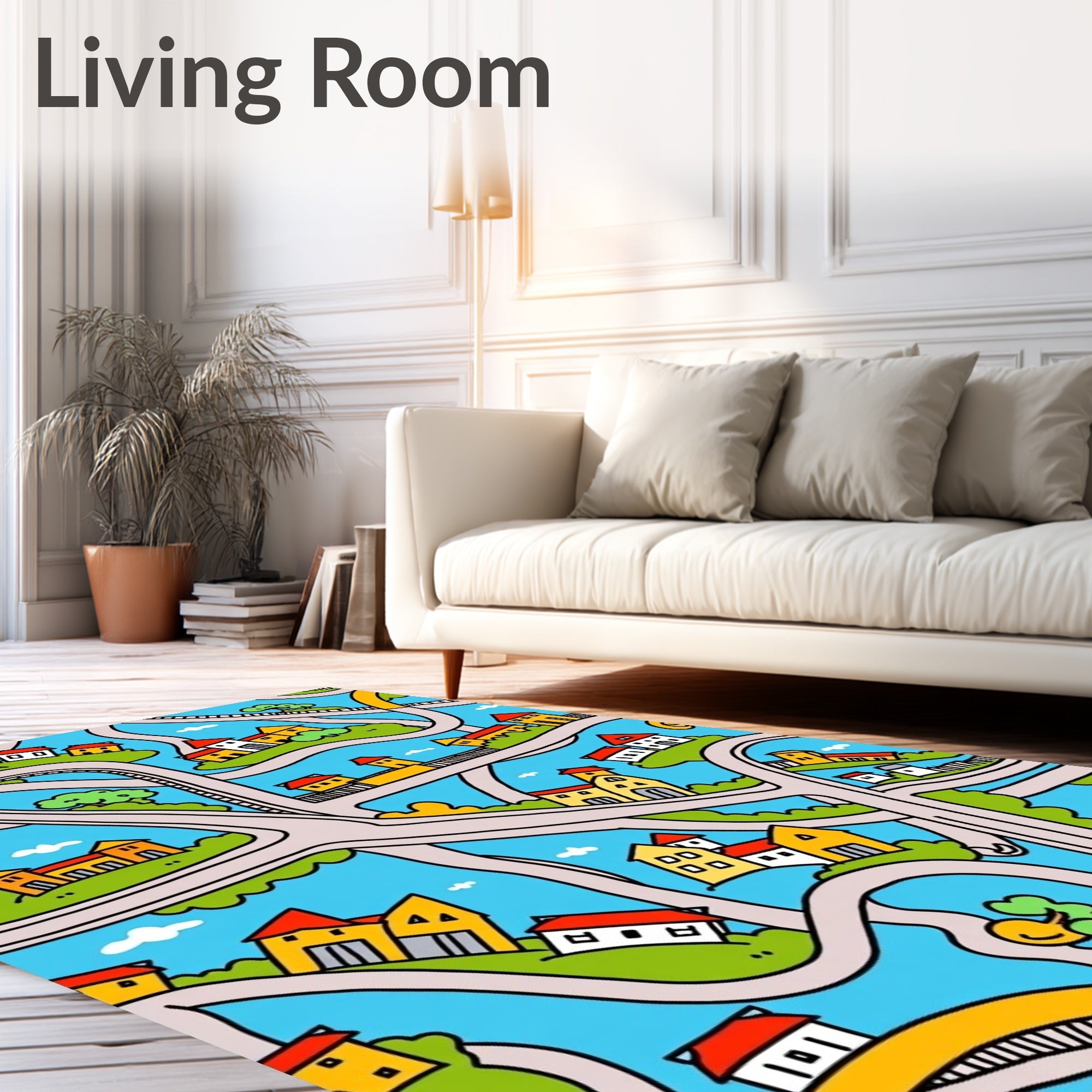 Whimsical Cityscape with Colorful Houses Rug