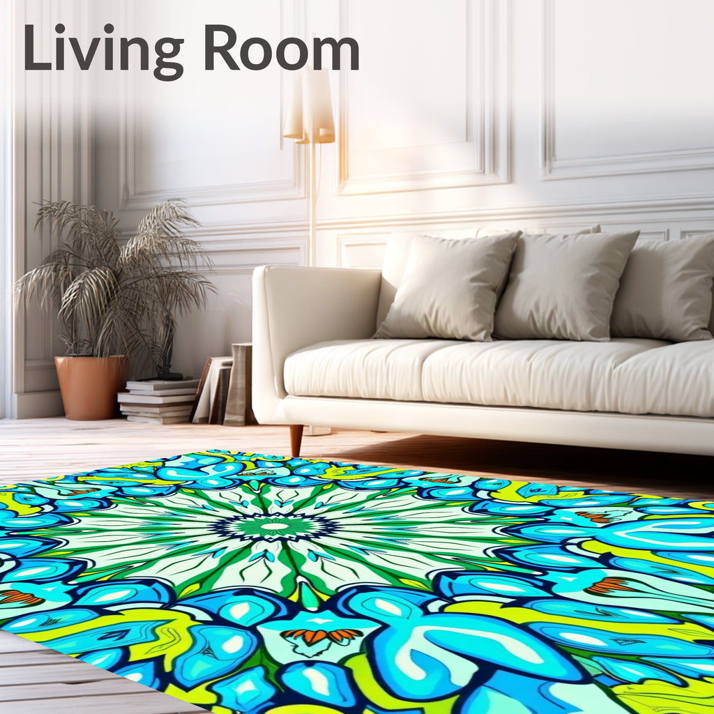 Vibrant Blue Green Floral Medallion Rug