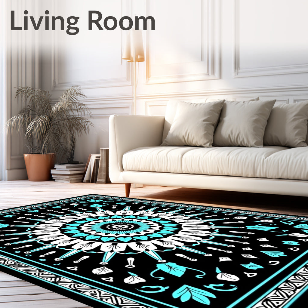 Black Turquoise White Sunburst Medallion Rug