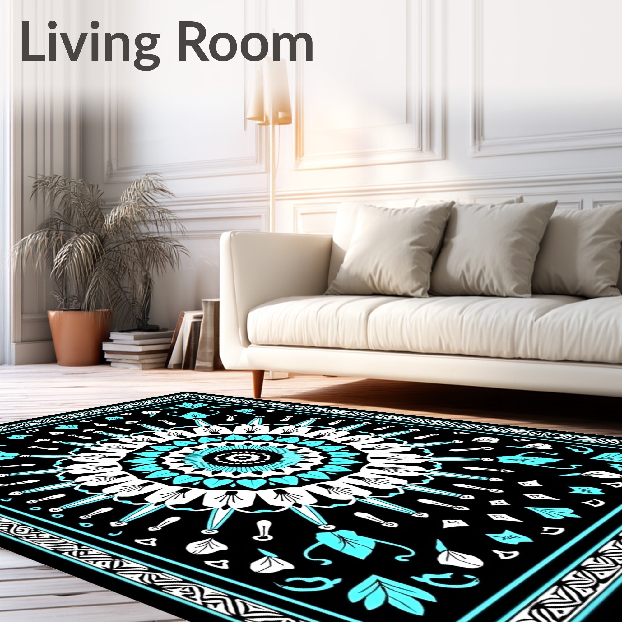 Black Turquoise White Sunburst Medallion Rug
