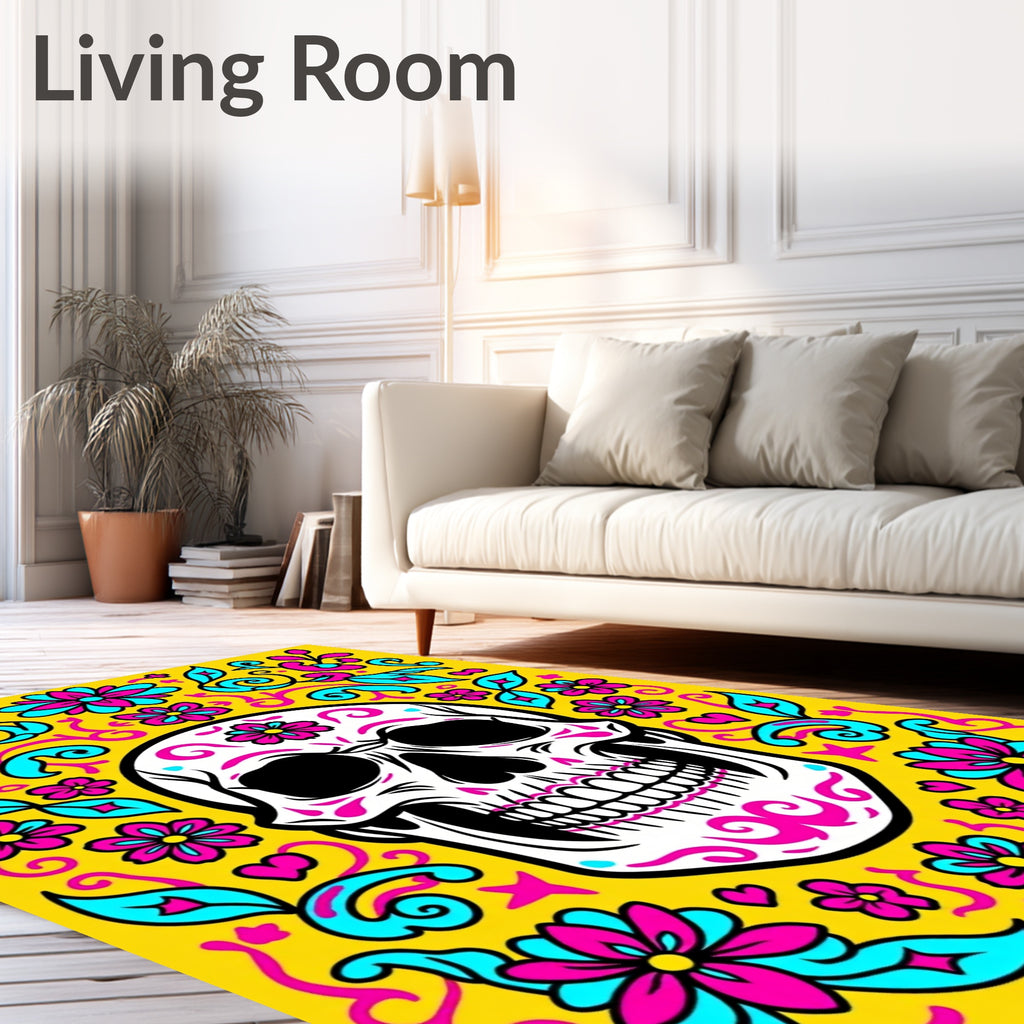 Vibrant Pink Teal Skull Floral Swirls Rug