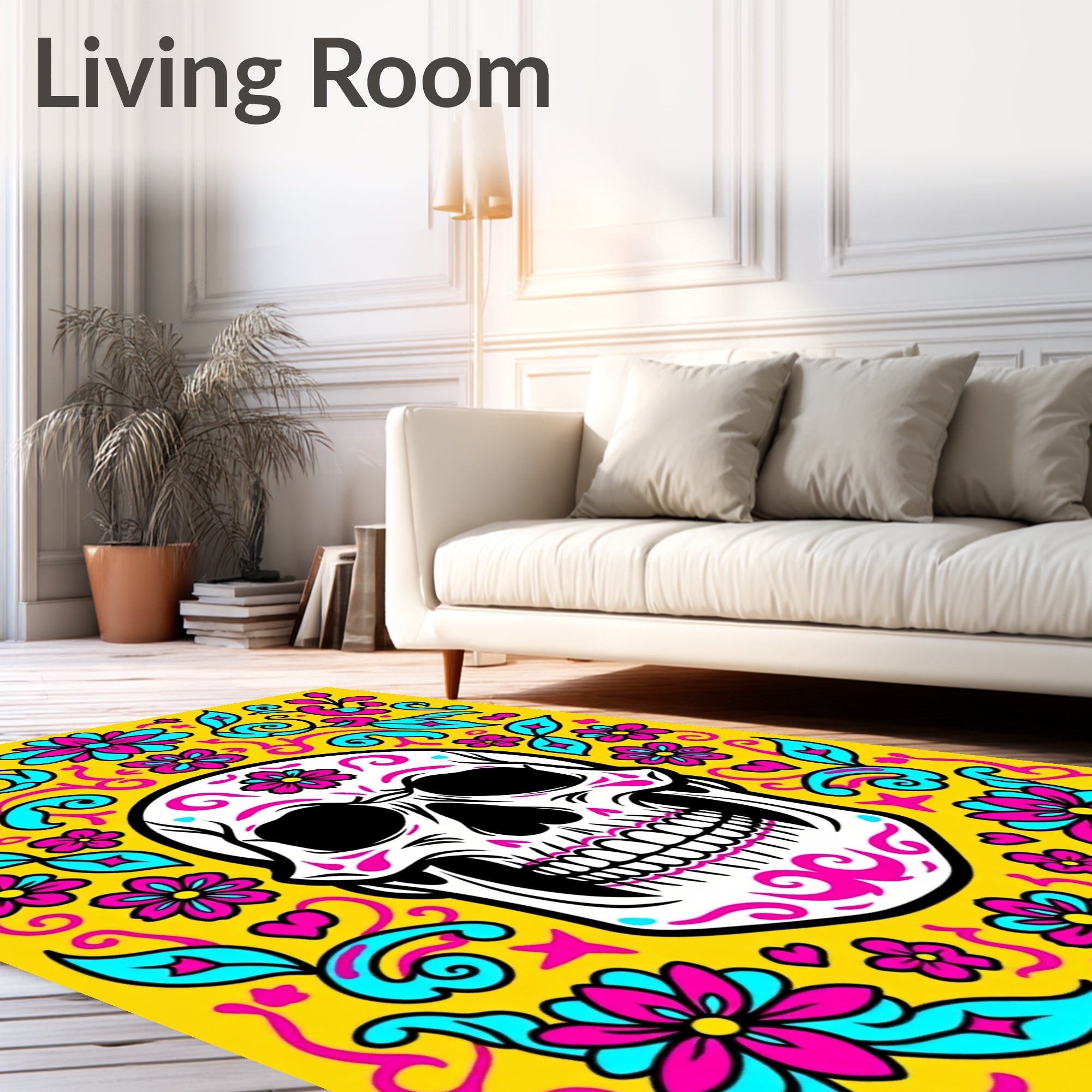 Vibrant Pink Teal Skull Floral Swirls Rug