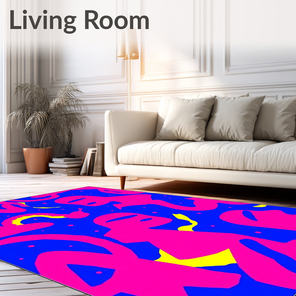 Vibrant Pink Figures Blue Swirls Rug