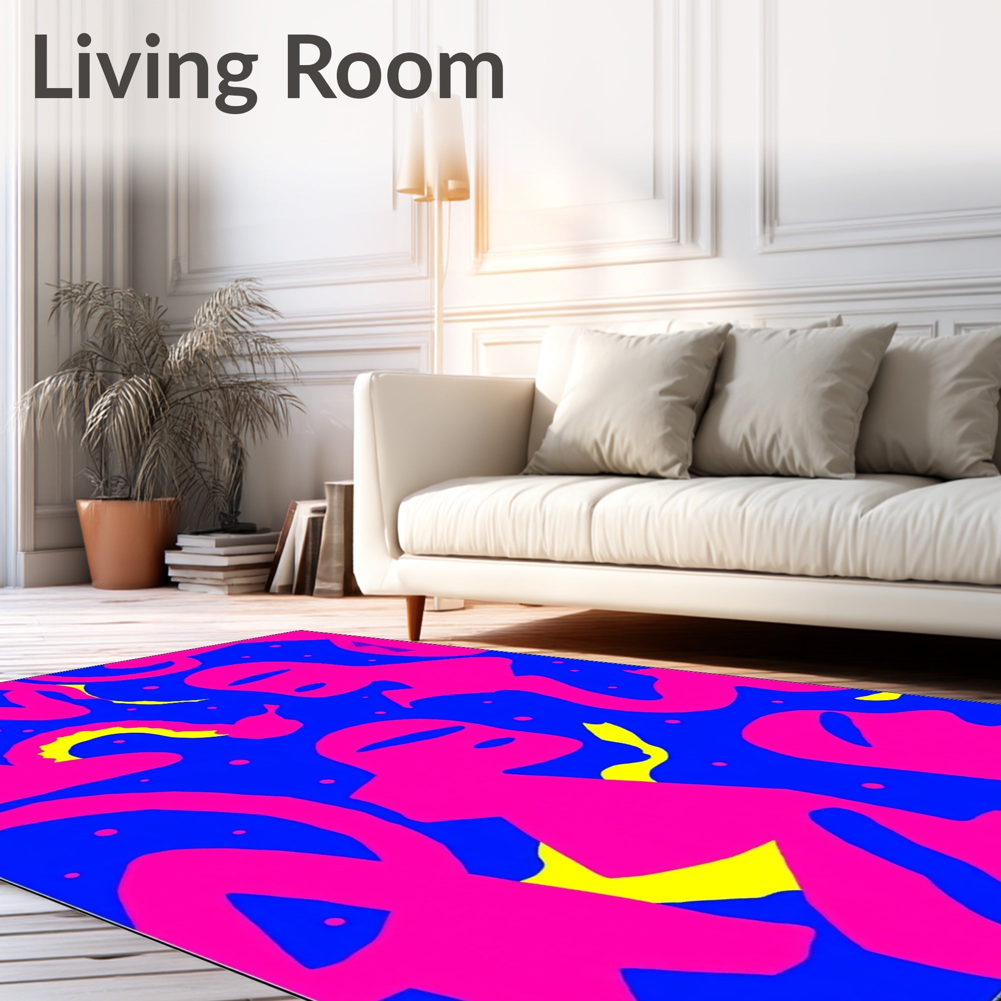 Vibrant Pink Figures Blue Swirls Rug