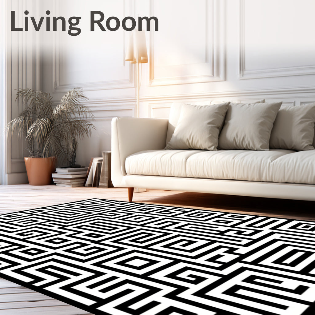 Abstract Black White Labyrinth Lines Rug