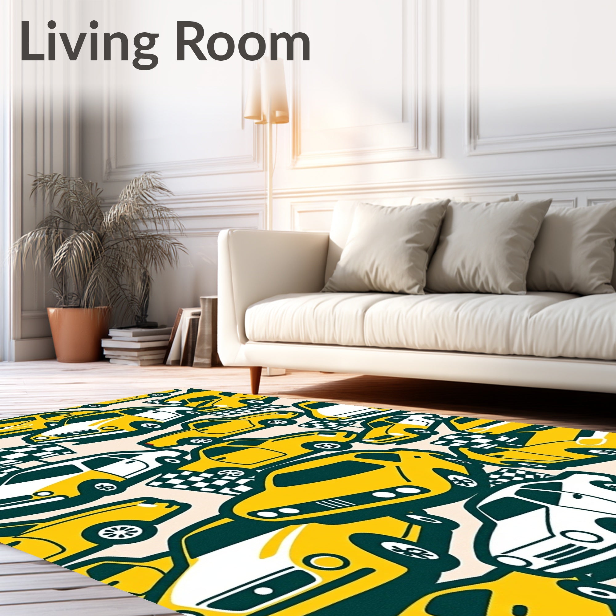 Yellow White Cars Racing Flags Rug