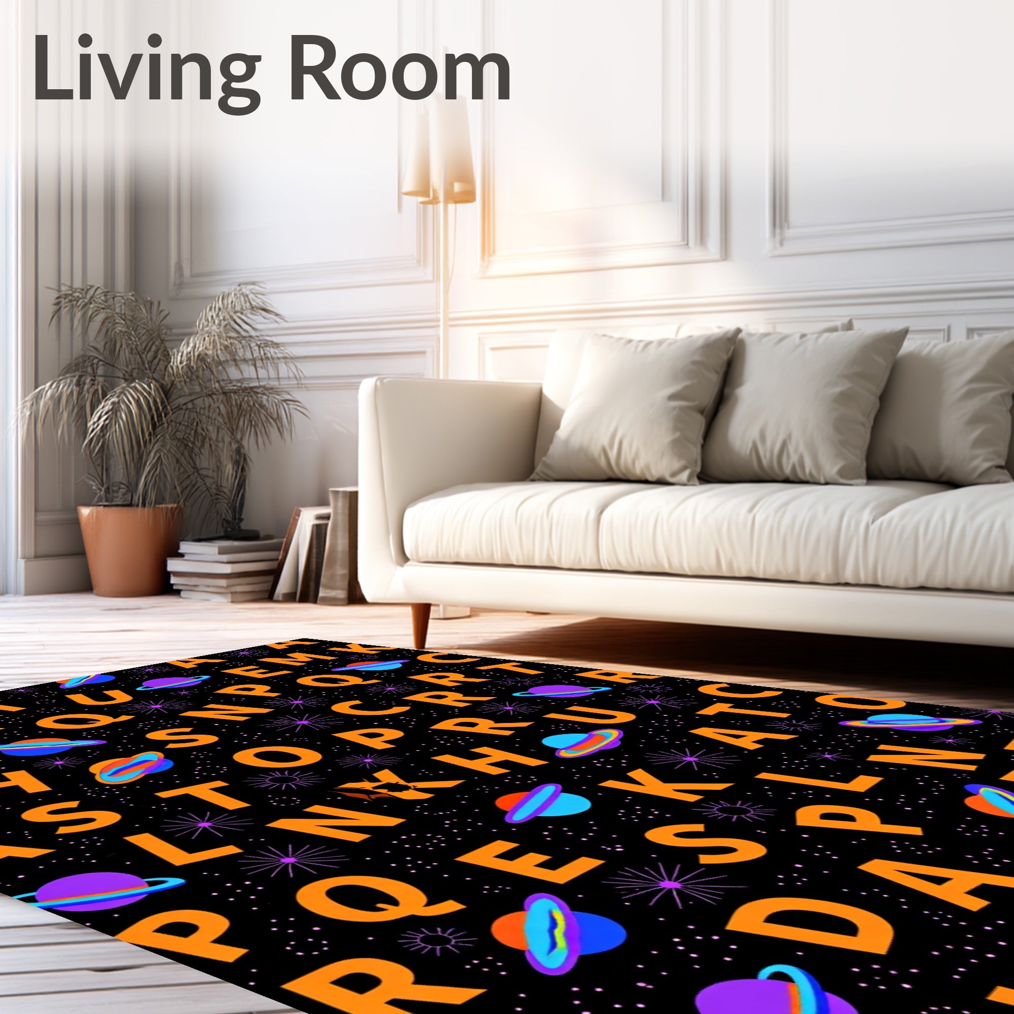 Cosmic Alphabet Orange Planets Black Rug
