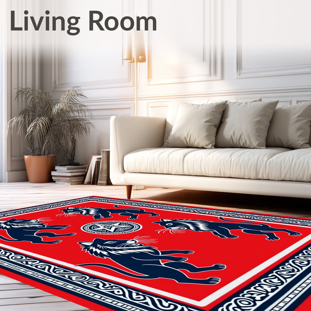 Bold Navy Lions Red Medallion Border Rug