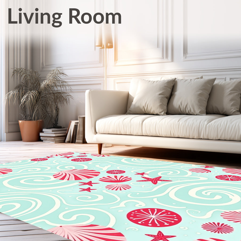 Aqua Red Seashell Starfish Swirls Rug