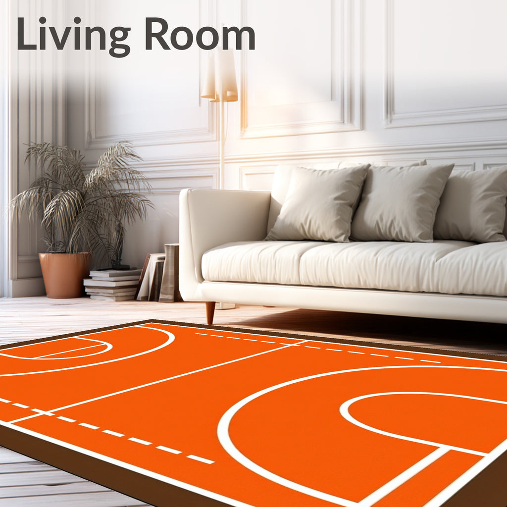 Orange Basketball Court Geometric Lines Rug