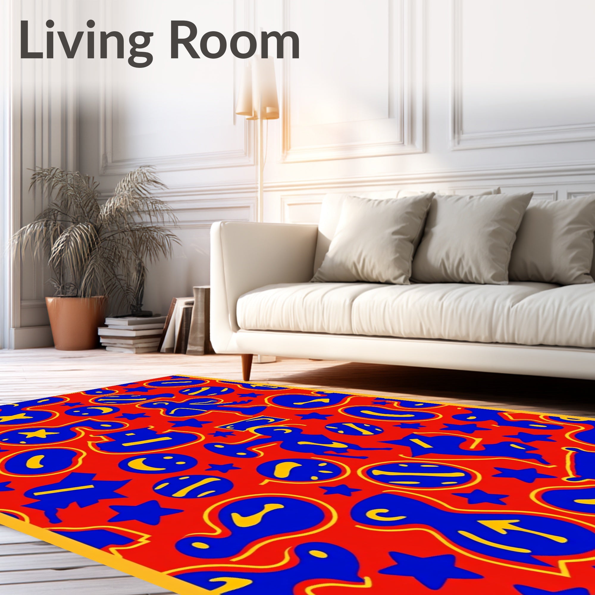 Red Abstract Blue Yellow Figural Stars Rug