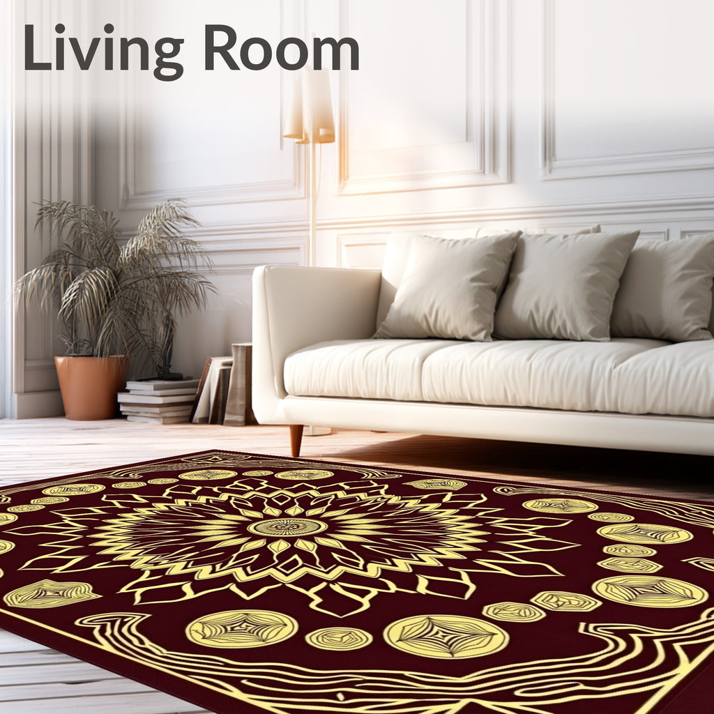 Deep Burgundy Golden Mandala medallions Rug