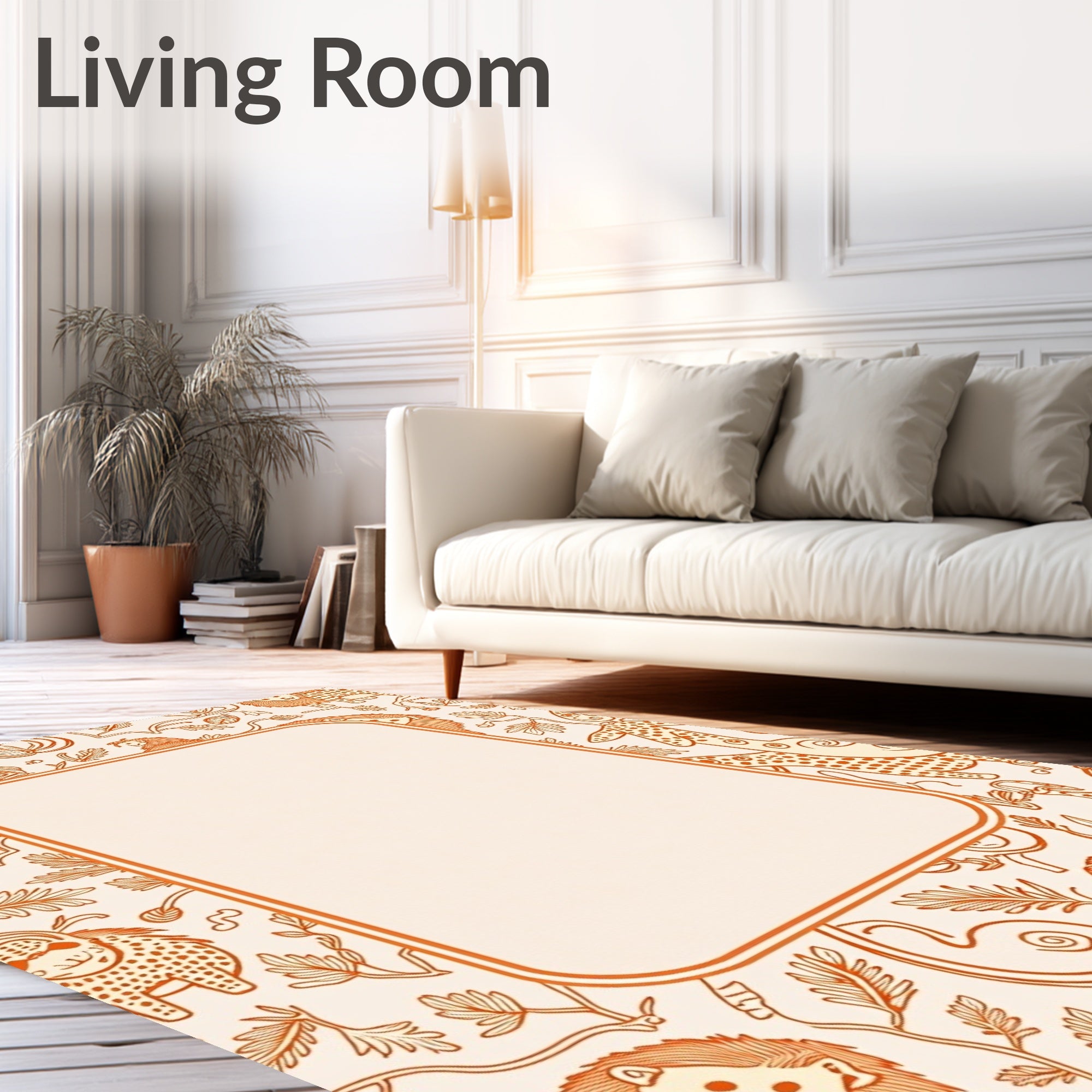 Whimsical Orange Animal Foliage Border Rug
