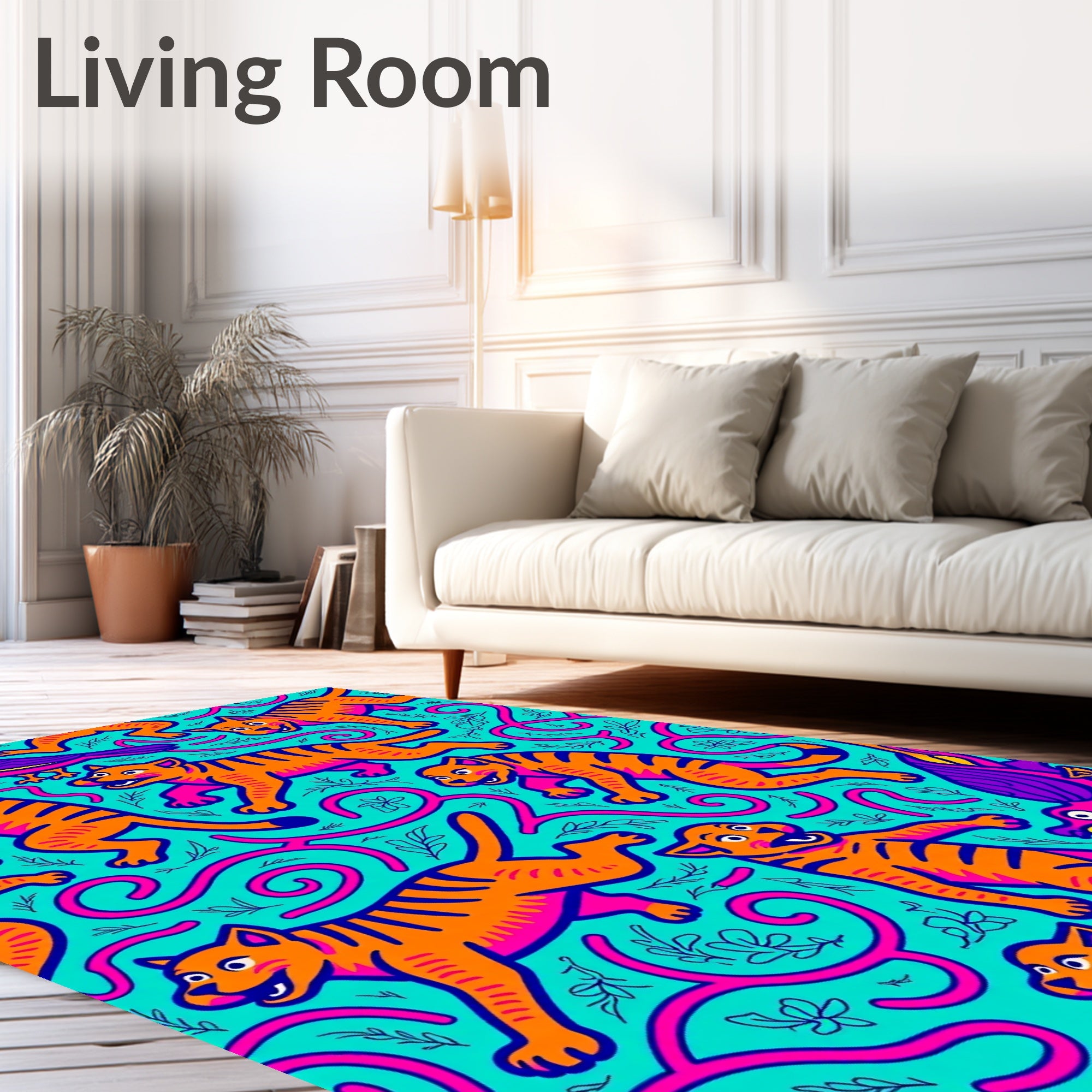 Playful Orange Tigers Purple Birds Aqua Rug