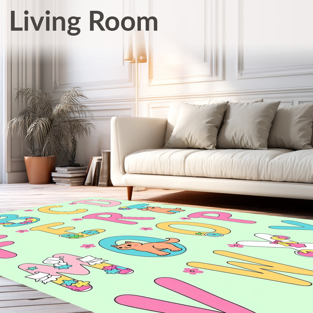 Pink Yellow Blue Alphabet Garden Cats Rug