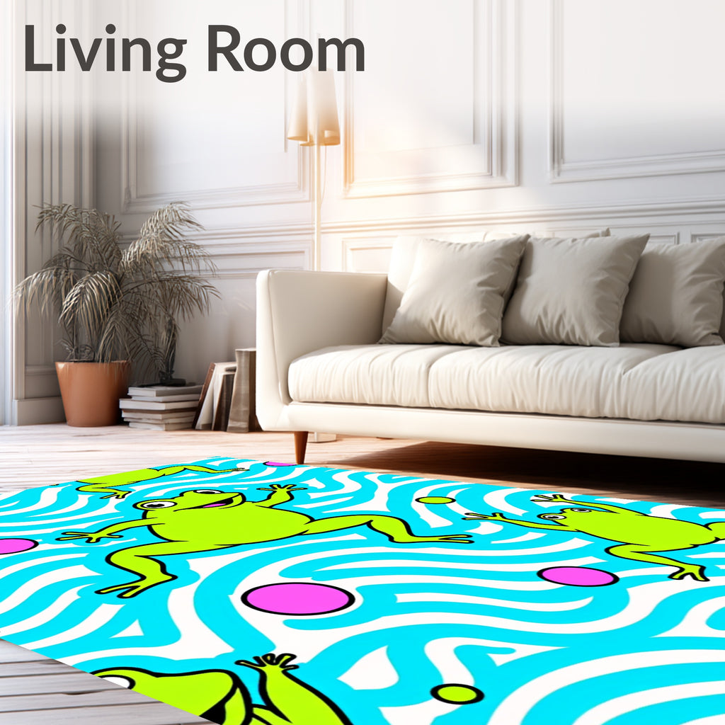 Vibrant Lime Frogs Blue Wave Circles Rug