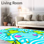 Vibrant Lime Frogs Blue Wave Circles Rug