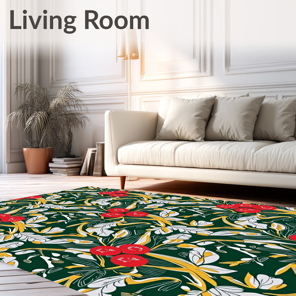 Deep Green Red Berry Floral Botanical Rug