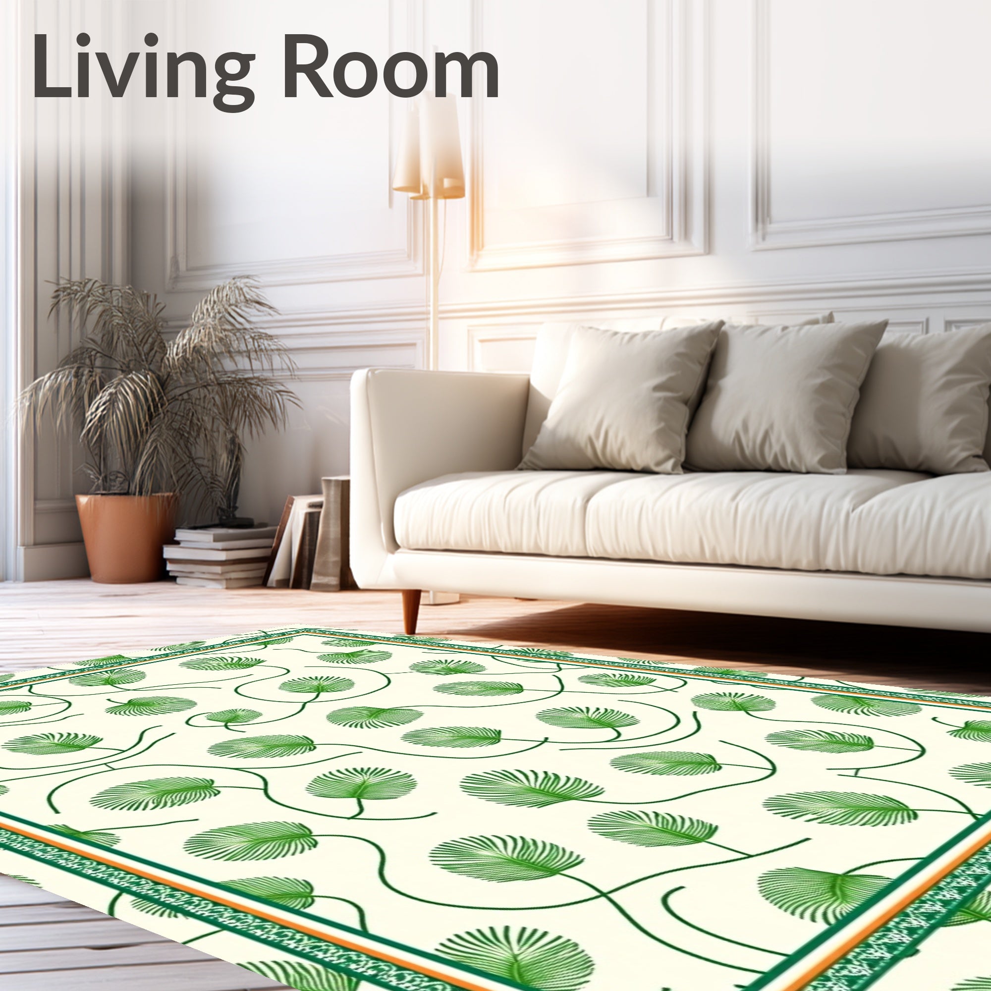 Cream Green Leafy Vine Border Rug