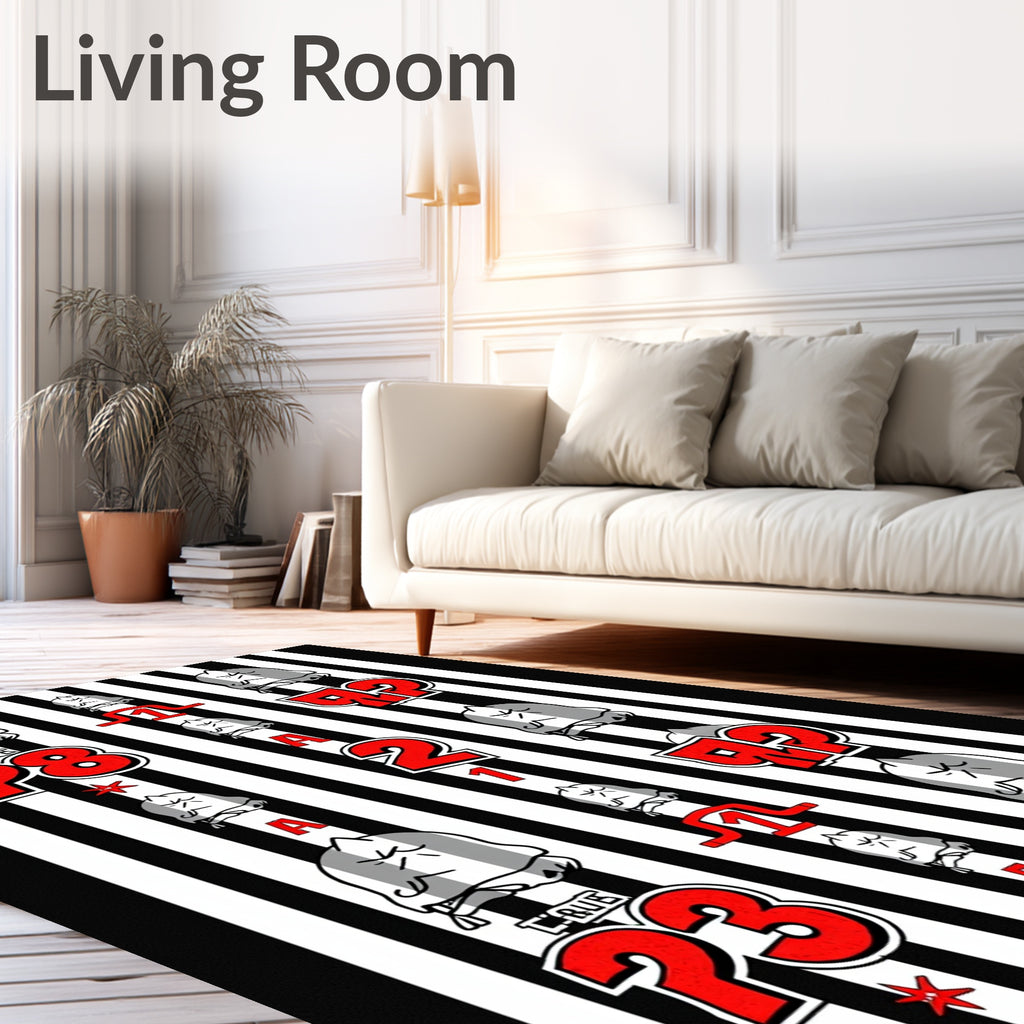 Black White Red Stiped Character Numbers Rug