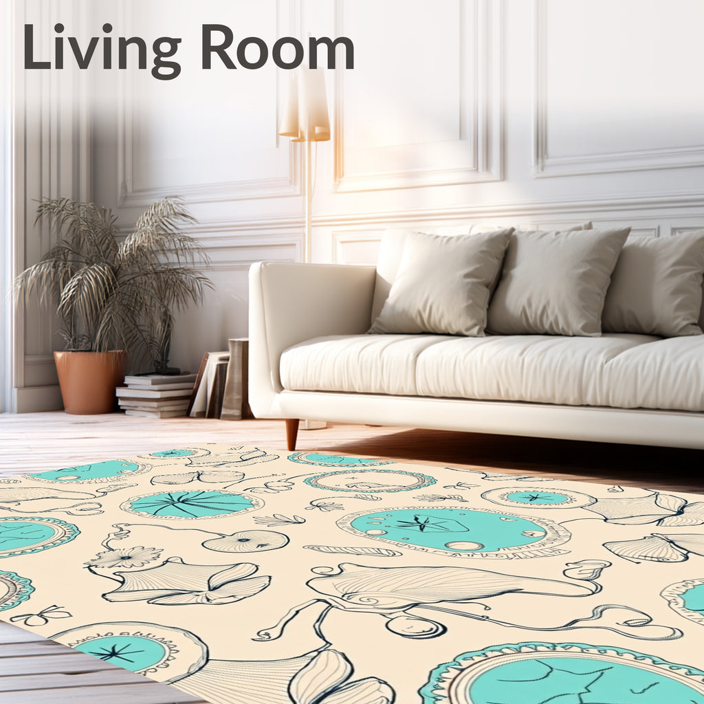 Light Beige Teal Abstract Botanical Sketch Rug