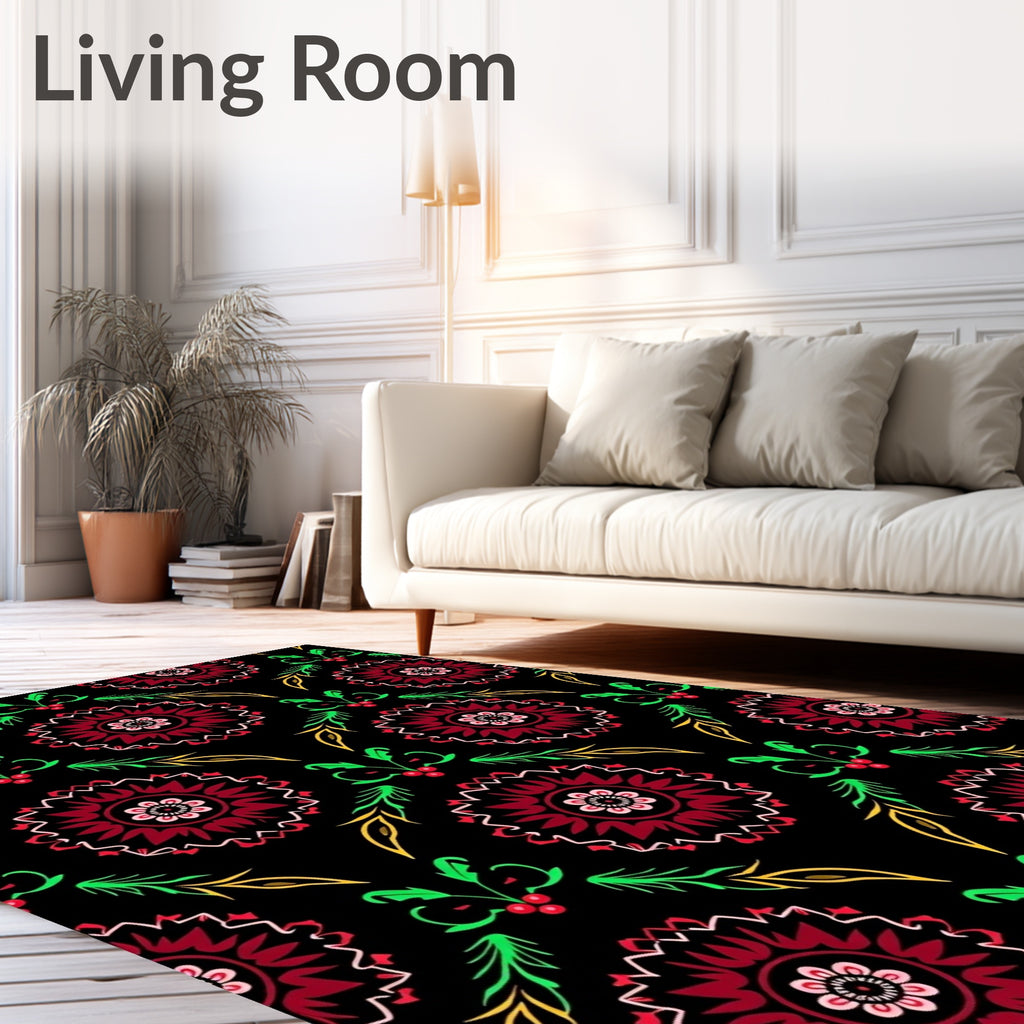 Crimson Floral Medallion Black Background Rug