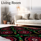 Crimson Floral Medallion Black Background Rug