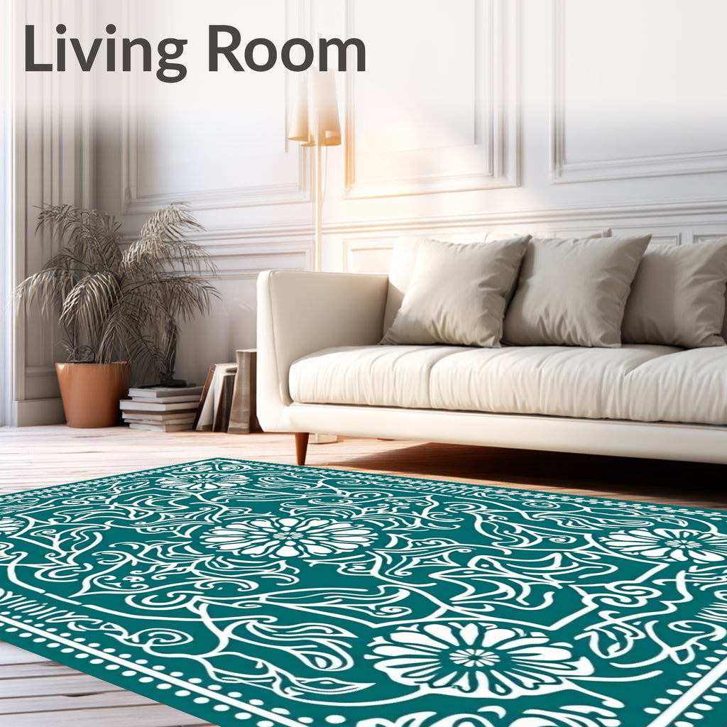 Teal White Floral Medallion Symmetry Rug