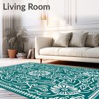 Teal White Floral Medallion Symmetry Rug