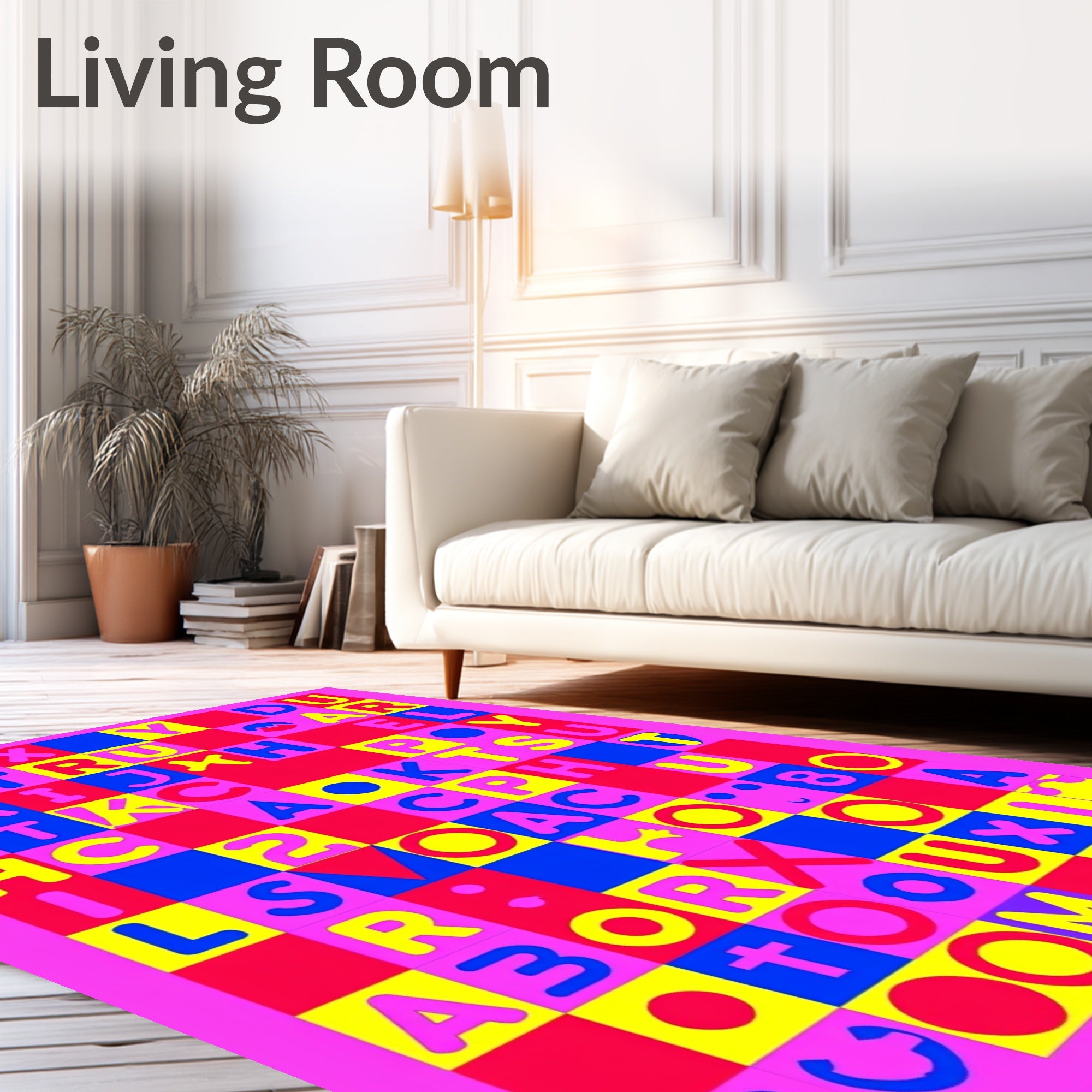 Vibrant Pink Yellow Blue Alphabet Squares Rug