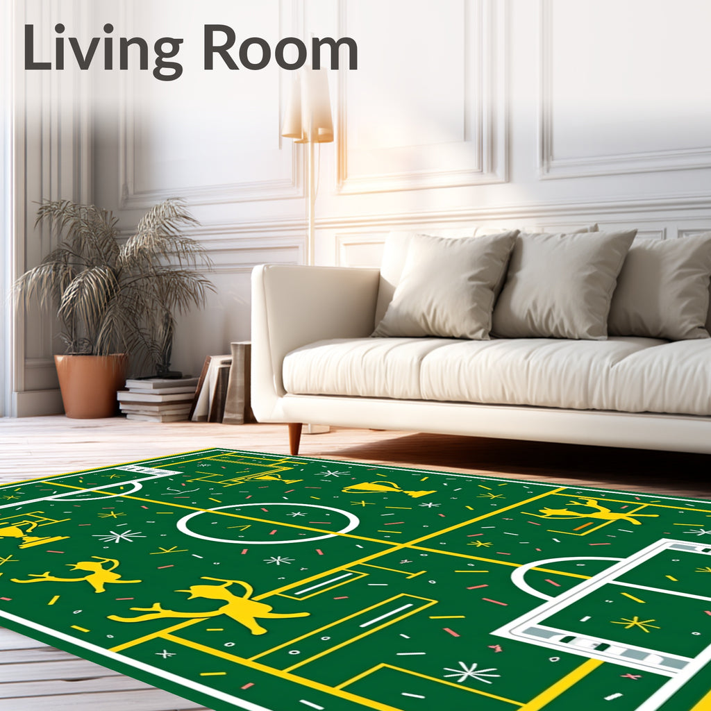 Green Golden Trophy Soccer Field Celebration Rug