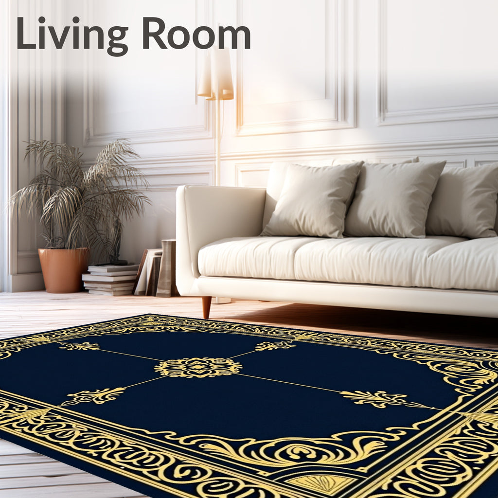 Ornate Navy Gold Scrollwork Frame Rug